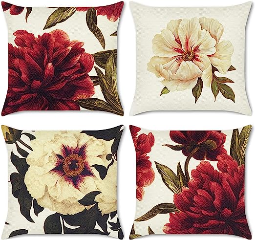 Flowers Outdoor Patio Throw Pillow Covers Garden Farmhouse Décor Outside Bench Chair Decorative Cushion Cases 18x18 Set of 4 Decoration for Bed Couch Sofa
