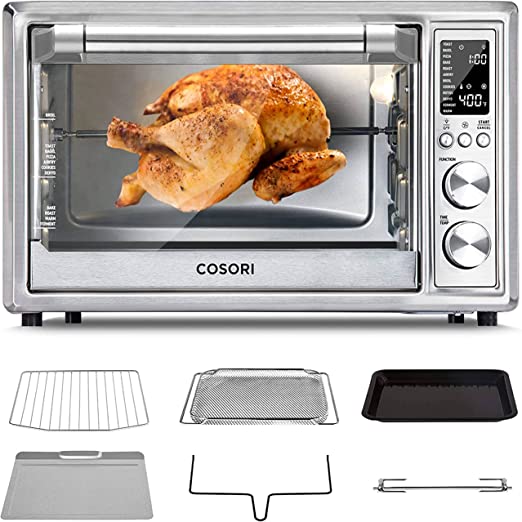COSORI Air Fryer Toaster Oven, 12-in-1 Convection Oven Countertop with Rotisserie, Stainless Steel 32QT/32L, 6-Slice Toast, 13-inch Pizza,100 Recipes, Basket, Tray(6 Accessories)Included, CO130-AO