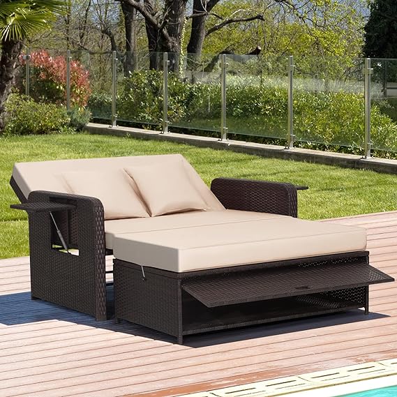 luxurious double chaise lounge or a stylish double sofa with a side table,Adjustable Backrest, Retractable Side Trays, Sun Lounger for Backyard,  Patio Wicker Daybed Set, Outdoor PE Rattan Loveseat Sofa with Ottoman