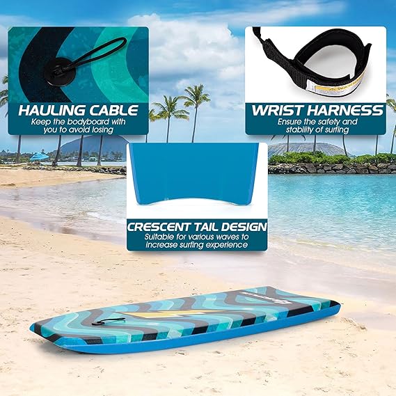 Lightweight Surfing Board w/ Wrist Leash, EPS Core, XPE Deck & HDPE Slick Bottom for Beach, Pool & Water Park,