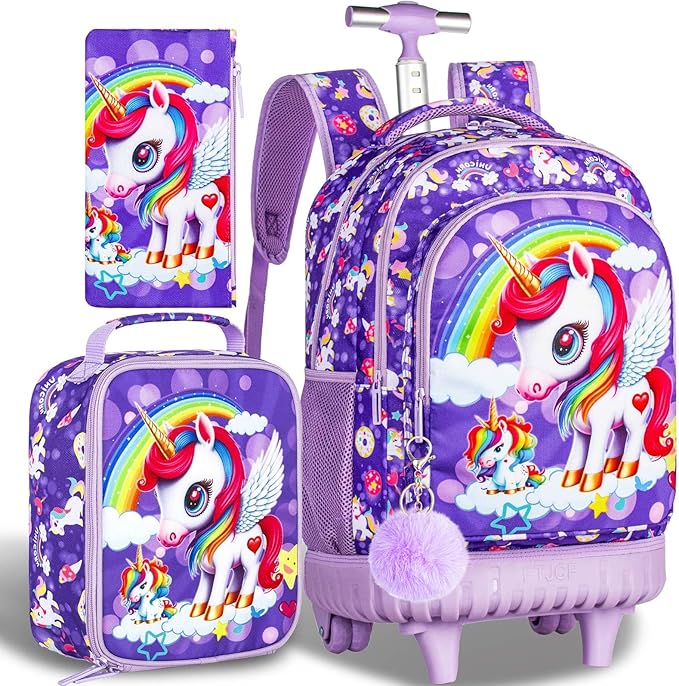 adjustable handle and double zipper,smooth and non-jamming.High-quality waterproof material, precision stitching, Rolling Backpack for Girls, Unicorn School Backpacks with Wheels