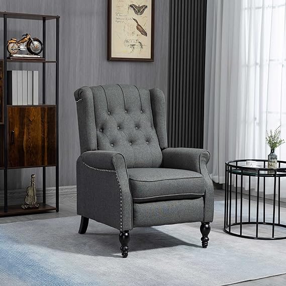 Button Tufted, Nail Head Trim, Footrest, Dark Grey,Fabric Recliner Chair for Living Room, Push Back Reclining Chair with Wingback