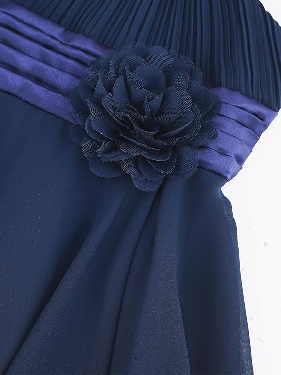 High-low chiffon hem with smooth lined, a pin-style 3D flower applique, this dress makes girls elegant and attractive, High Low Dress Sleeveless Round Neck Ruched Chiffon Wedding Bridesmaid Formal Flower Dress