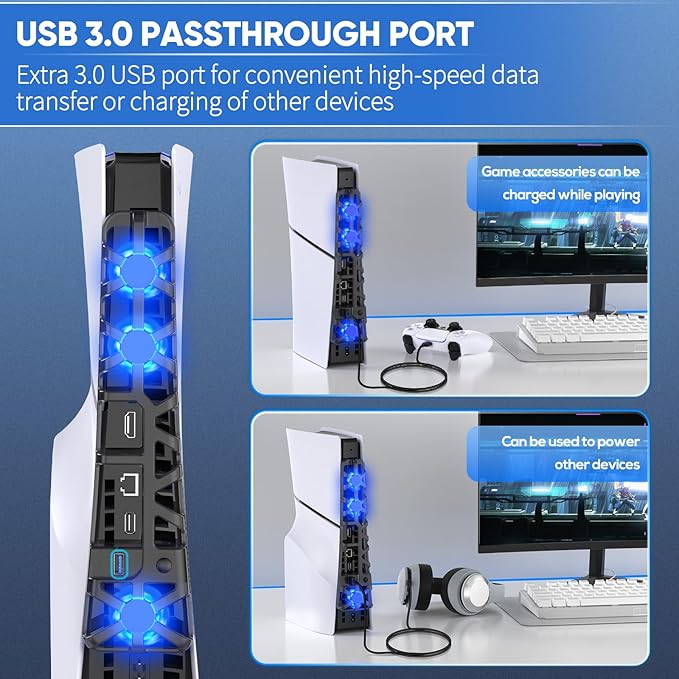 short press the button to switch the fan between low,medium,high and off. In addition, Horizontal Stand & Cooling Fan for PS5 Slim Digital/Disc, Controller Charger Station with 4 USB Hub, Separate Silent 3 High-Speed Fan with USB 3.0 Port
