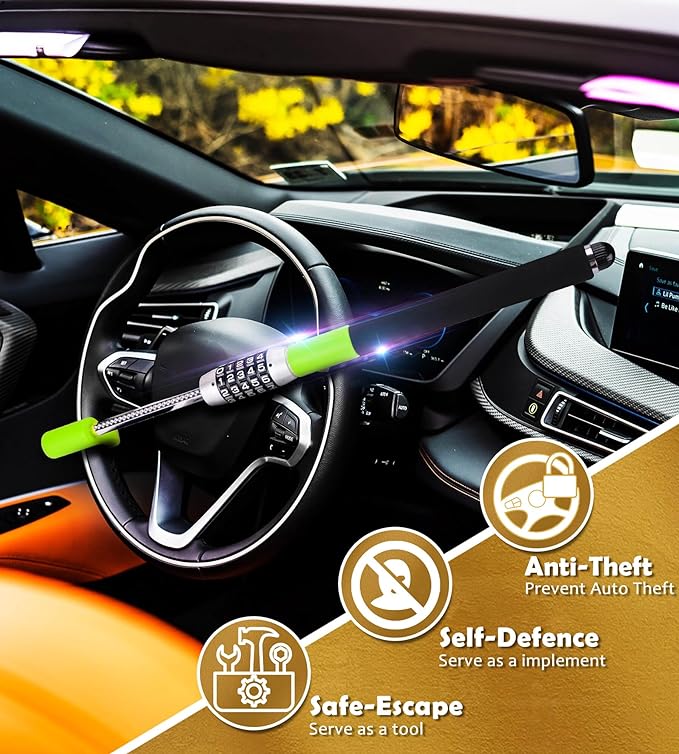 Steering Wheel Lock The Club Anti Theft Security Extendable Device Retractable Heavy Duty Guard Keyless Password 5 Coded Combination Antitheft Universal Fit for Vehicle Car Truck Van SUV Twin Hooks