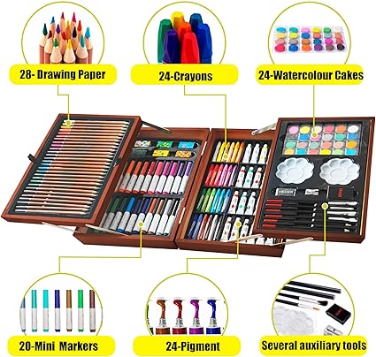 Set with 2 Sketch Pads, Deluxe Art Kit Crafts Wooden Case, Watercolor Pens, Colored Pencils, Oil Pastels, Paints, Painting Drawing Coloring Gift for Artists Kids