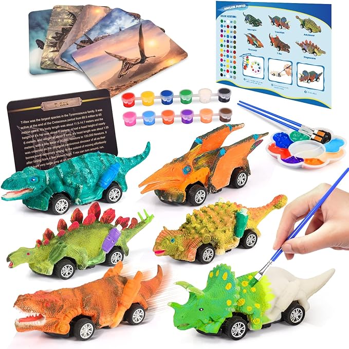 The dinosaur toys not only pull back car, but also a art and craft toys set.Dinosaurs Painting Kits for Kids Girls Age 4-12 Crafts for Kids 3-12 Dinosaur Party Favors Painting Kit for Kids