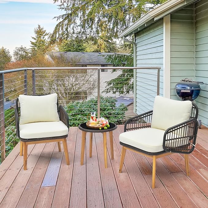 Cozy seat and back cushions ensure unparalleled comfort and relaxation Sturdy acacia wood frame guarantees high-strength and durability,  Piece Wicker Patio Furniture Set, Wood & Rattan Chairs and Table Sets with Cushions