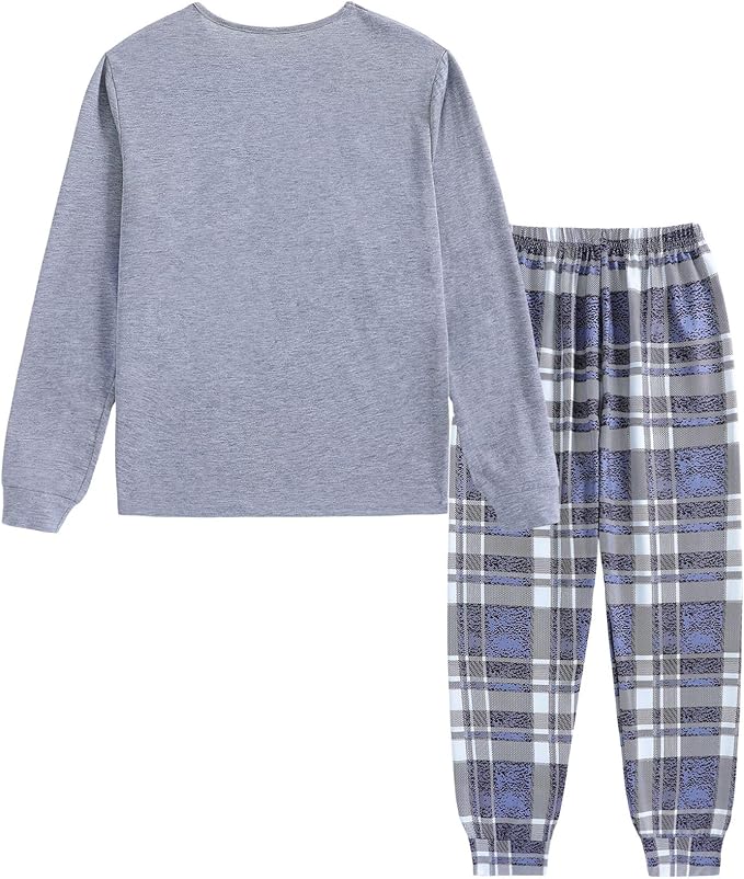 Suitable for sleeping, lounging, casual home wear, and more, these children pajamas set are a versatile choice,  Pajamas Boys Long Sleeve Plaid Pjs Set Tween 2-Piece Gray Sleepwear Loungewear
