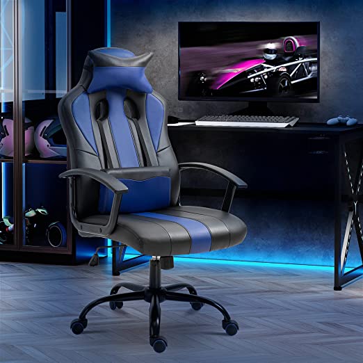 Gaming Chair , Lumbar Support and Retractible Footrest, High Back Ergonomic Racing Style Computer Leather Executive Office Swivel Chairs Adjustable Armrests and Backrest