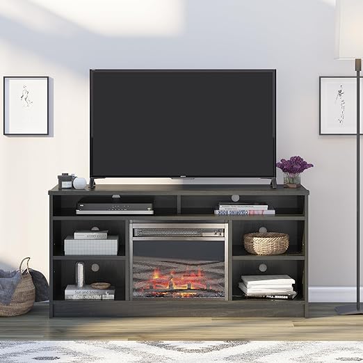 electric fireplace insert has touch panel settings and exclusive AltraFlame built in reflectors for a realistic flame effect on the logs, TV Stand with Electric Fireplace,