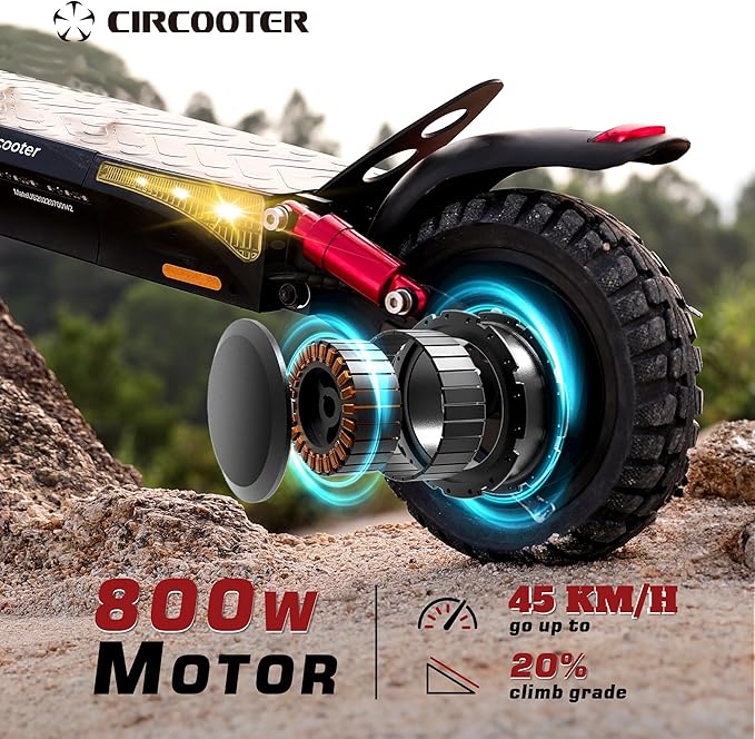 The Front Swingarm Suspensions improve shock absorption, providing better impact protection and horizontal cushioning,  Max 45KM Range, Off-Road E-Scooter with Dual Suspensions & 10'' Inflatable Tires,