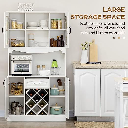 Door Cabinets, and 6-Bottle Wine Rack,  Kitchen Pantry, Buffet with Hutch, Cupboard for Microwave
