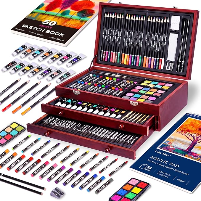 Art Set with 2 Drawing Pads, Acrylic Paints,Crayons,Colored Pencils,Paint Set in Wooden Case,Professional Art Kit,Art Supplies for Adults,Teens and Artist,Paint