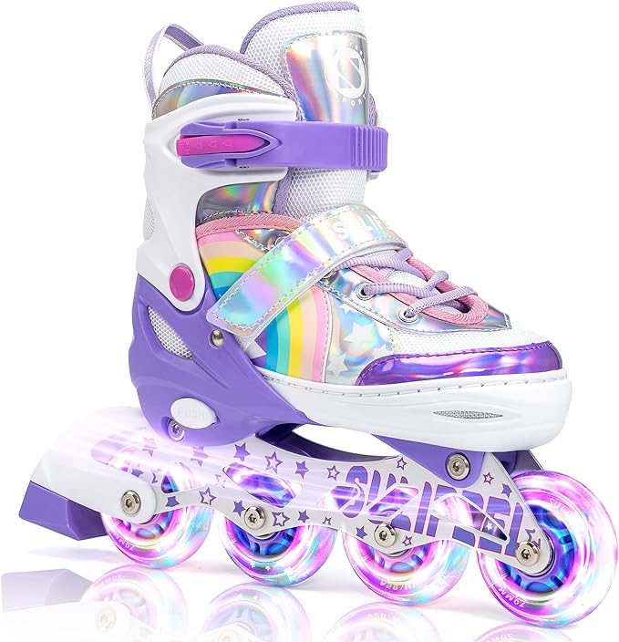 Skates for Girls Boys 4 Size Adjustable Light up Wheels Skates for Kids Beginner, wheels that lights up automatically when you start to skate.