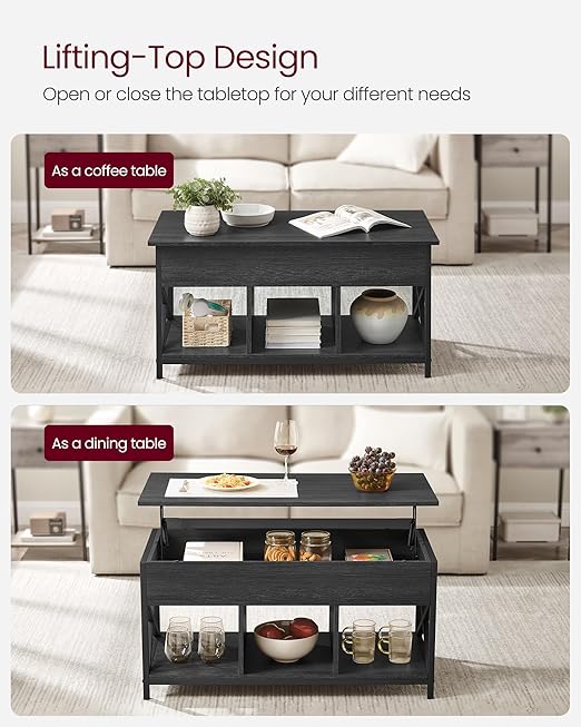 24.4 inches and make it easy to work from home, enjoy a meal, do crafts, or play games while sitting comfortably on your couch,Hidden Compartments and Storage Shelf, 19.7 x 39.4 x (19.3-24.4) Inches, Black with Wood Grain