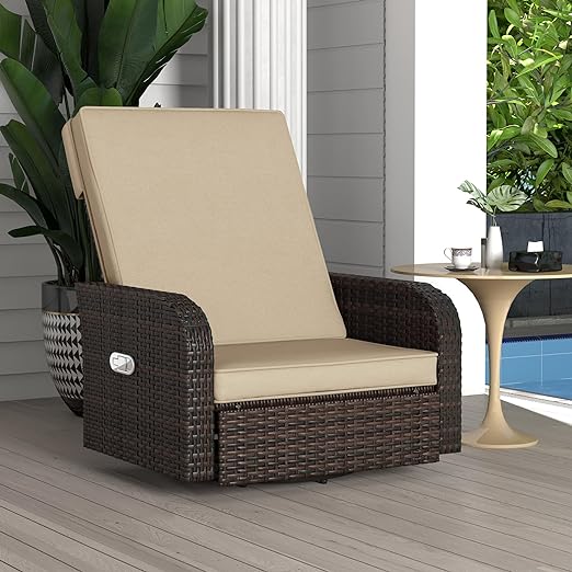 we made sure to add some style to the rattan chair. Simply lean back with pneumatic rod control,  Patio Recliner Chair with Pneumatic Rod Control, 360° Wicker Swivel Chair with Cushion