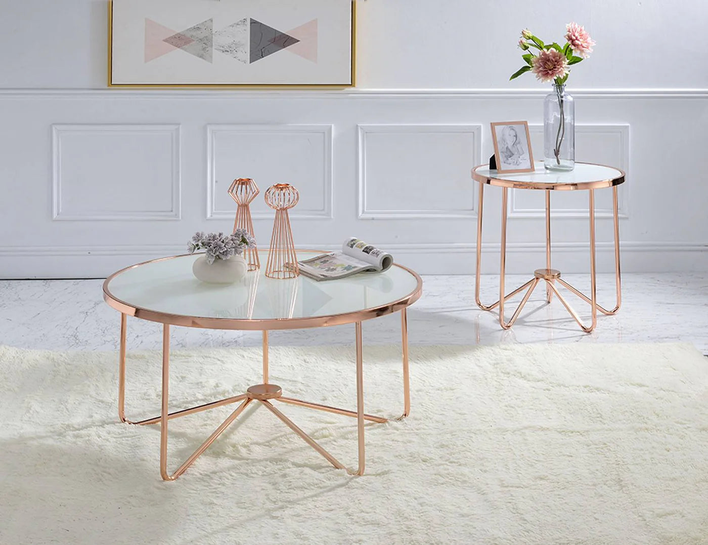 glass and unique retro inspired rose gold metal base, Glass Coffee Table