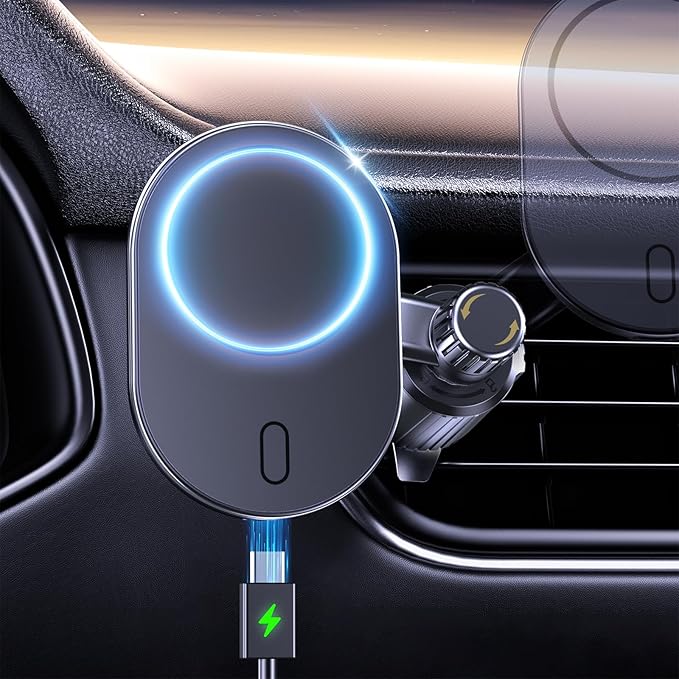 Easily hold your phone firmly no matter on bumpy roads, braking or driving. Notice: the cell phone holder for car is not compatible with round vents, Car Mount Charger for MagSafe Powerful Magnet Air Vent Car Phone Holder