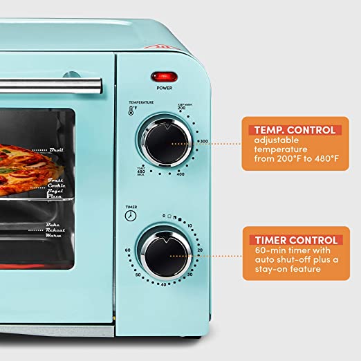 Elite Gourmet Americana ETO1200BL# Vintage Diner 50’s Retro Countertop Toaster Oven, 1300W, Bake, Broil, Toast, with Temperature Control 60-Minute Timer, Fits 9” Pizza, 4 Slice, Retro Blue