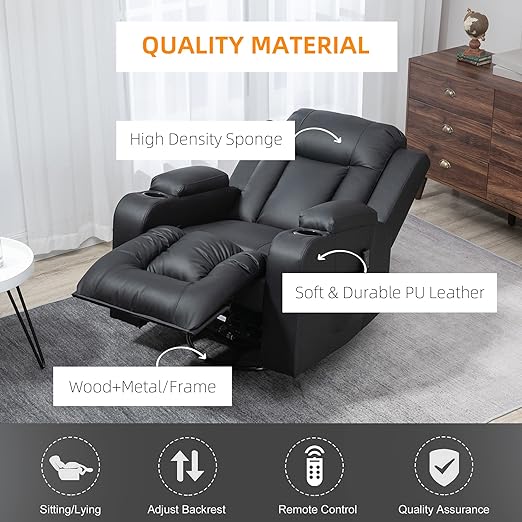 the armchair's arm to extend the footrest and push it down with your heels until it locks in place when not in use, Massage Recliner Chair for Living Room with 8 Vibration Points, PU Leather Manual Reclining Chair with Cup Holders