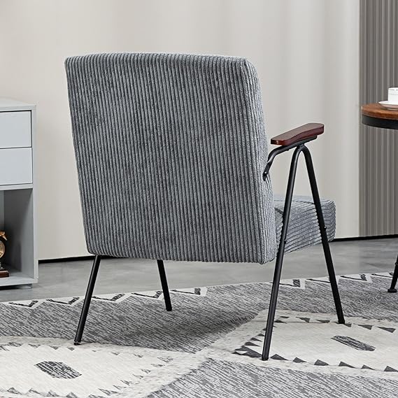 Steel Frame for Living Room, Modern Accent Chair, Corduroy Fabric Armchair Chair with Wood Arms