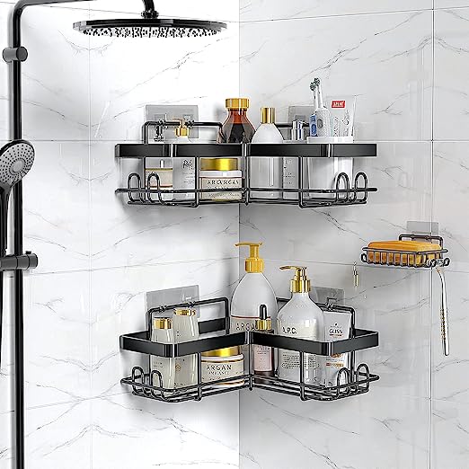 3 Pack Adhesive Rustproof Shower Shelves with 8 Hooks, No Drilling Metal Storage Shelf Shower Rack, Wall Mounted Bathroom Organizer for Inside Shower (Black)