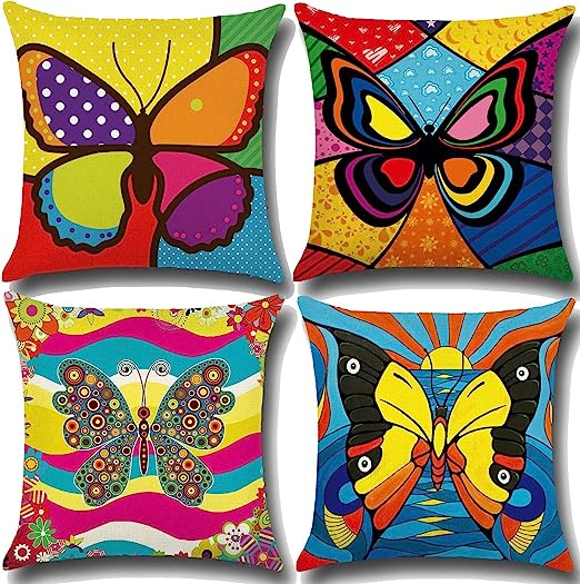Painting Cushion Covers Decorative Linen Pillow Cases for Sofa Couch 18x18 in / 45x45 cm, Butterfly Pillow Covers Set of 4