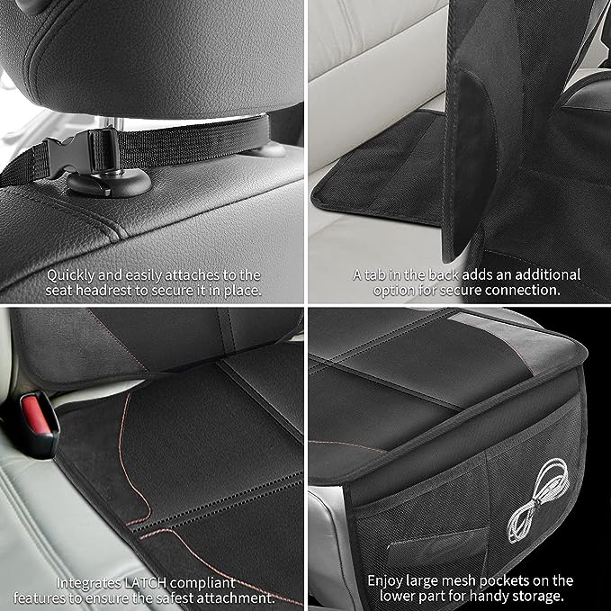 Seat Protector 2 Pack The Car Seat organizer has 2 large boxes and mesh pockets for toys, diapers, and smaller items. It’s also collapsible! Fold it into a small square in seconds,and it is completely non-slip.
