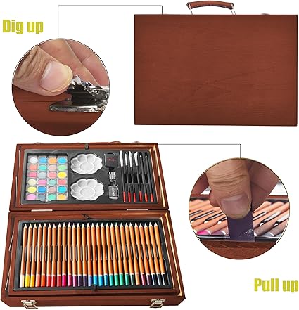Set with 2 Sketch Pads, Deluxe Art Kit Crafts Wooden Case, Watercolor Pens, Colored Pencils, Oil Pastels, Paints, Painting Drawing Coloring Gift for Artists Kids