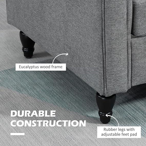 Crafted with solid eucalyptus wood and a metal frame supported by rubberwood legs,2 Seater Sofa with Rolled Arms, Gourd-Shaped Rubber Wood Legs