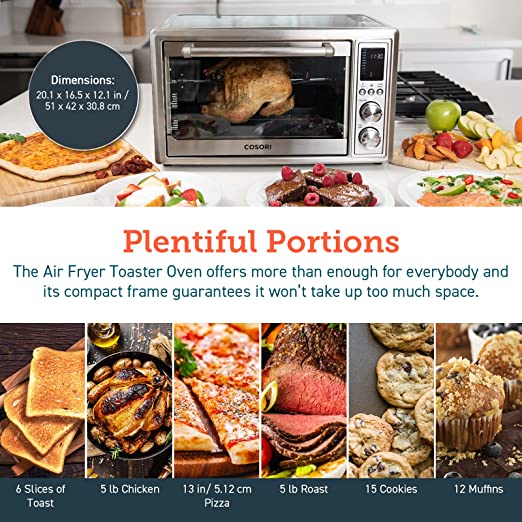 COSORI Air Fryer Toaster Oven, 12-in-1 Convection Oven Countertop with Rotisserie, Stainless Steel 32QT/32L, 6-Slice Toast, 13-inch Pizza,100 Recipes, Basket, Tray(6 Accessories)Included, CO130-AO