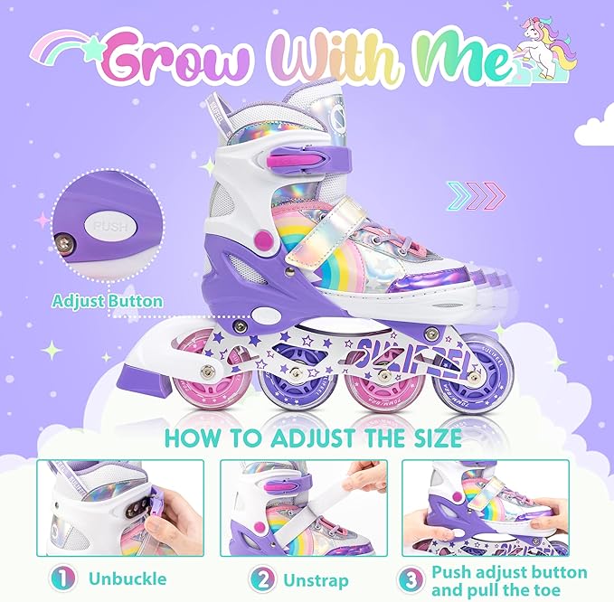 Skates for Girls Boys 4 Size Adjustable Light up Wheels Skates for Kids Beginner, wheels that lights up automatically when you start to skate.