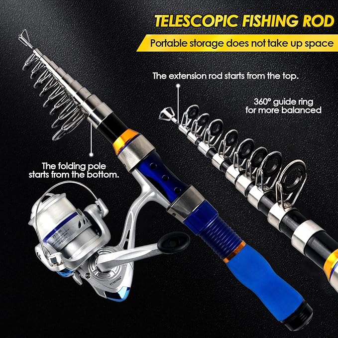 carbon fiber with fiberglass material, lightweight, high hardness and long service life. Stainless steel guide rings with more refined production process, 2PCS Telescopic Fishing Pole Spinning Reel Lures Accessories with Case, Portable Fishing Rod Kit