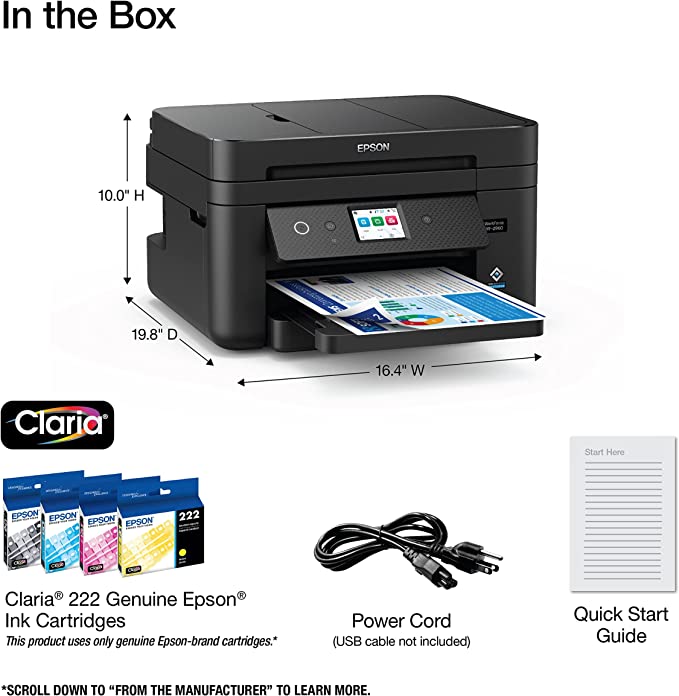 Epson Workforce WF-2960 Wireless All-in-One Printer with Scan, Copy, Fax, Auto Document Feeder, Automatic 2-Sided Printing, 2.4