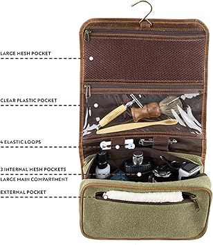 Dopp kit is made of GENUINE BUFFALO LEATHER and attractive green canvas. Toiletry Bag for Men & Women - Large Size Dopp Kit, Toiletry Bag with Hanger, Genuine Leather