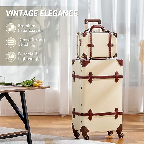 vintage luggage set marries attractive retro look with dependable functionality, Carry On Briefcase, Large 24" Trunk Small 12" Train Case Leather Travel Bag Set