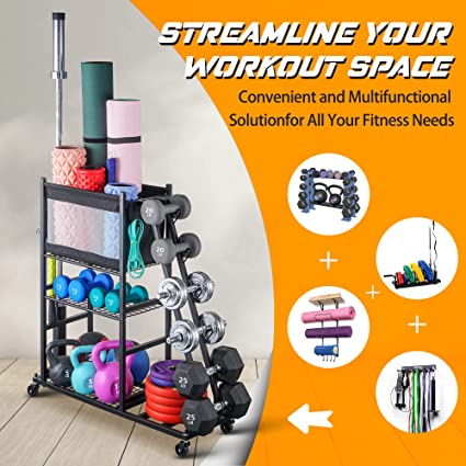 Storage Weight Racks for Dumbbells Kettlebells Foam Roller, Yoga Strap and Resistance Bands