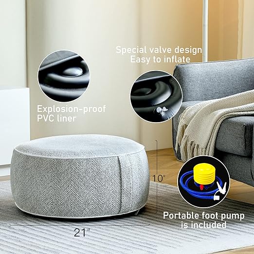 Lightweight pouf with handle, easy to move from room to room, Ottoman with Inflatable PVC Liner, Foot Rest with Portable Handle, Round Floor Pillow for Living Room