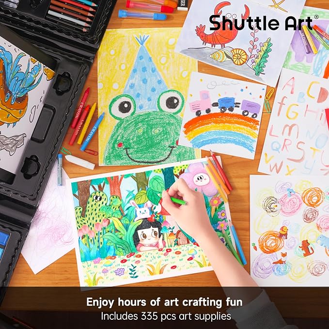 Art 335 Piece Kids Art Set, Multi-Media Art Supplies, Gift Art Kit with Trifold Easel, 2 Drawing Pads, 2 Coloring Books, Oil Pastels, Crayons, Watercolors, Markers,
