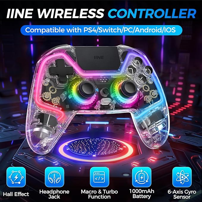 advanced Hall effect joysticks and triggers for exceptional accuracy and durability,  Joysticks and Triggers, Gamepad with 1000mAh Battery/RGB Light/Vibration/6-Axis Gyro/Multi Touch Pad/3.5mm Audio Jack