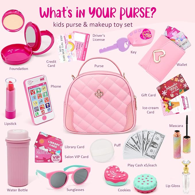 fashionista happy: a Wallet holds Play Cash (x25 pieces) and x6 uniquely designed Play Cards (Driving License etc, Little Girl Purse Accessories, Toddler Girl Princess Toy Cell Phone Pretend Makeup Handbag Wallet Sunglasses Keys Credit Card Water Bottle