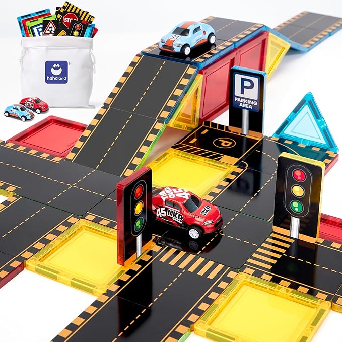 this set invites your child to build, race, and imagine without limits.Magnetic Tiles for Kids 3-5 with Road Toppers - STEM Kids Toys for 3 4 5 Year Old Boys Girls, Preschool Toys Magnetic Building