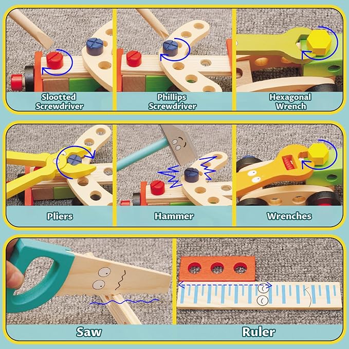 , it is a excellent educational toys tools box for 2 3 4 5 year old boys girls, Toddler Toys for 3 4 5 Year Old Boys Girls, Wooden Kids Tools Set Box Pretend Play Stem Building Educational Outdoor Toys for 3+ Birthday Gifts