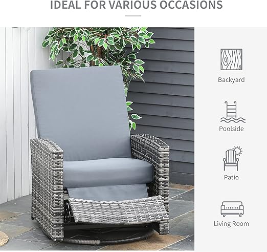 UV-resistant zippered cushion covers which are removable and easy to clean, Outdoor Wicker Lounge Chair with Footrest , Rattan Recliner Sofa with 360° Swivel