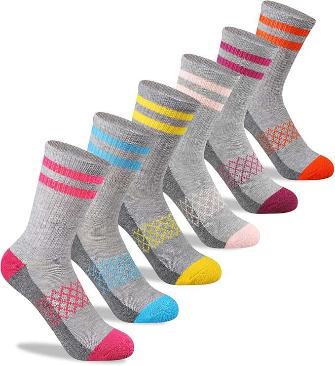 Girls Crew Socks Athletic Half Cushioned Long Socks Cotton Calf Socks For Kids 6 Pairs,  Kids athletic socks have thick soft padding, providing additional comfort and impact protection for children's feet in various activities.