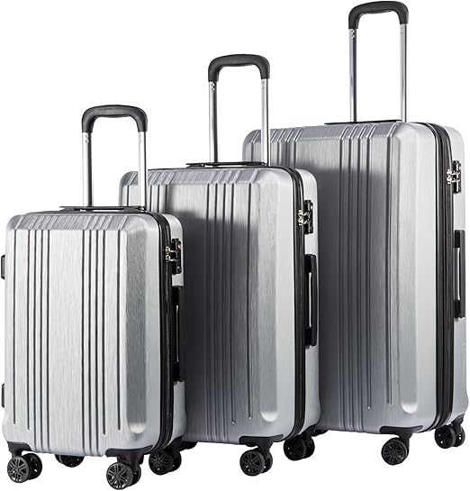 Sliver, 3 Piece Set Coolife Luggage Expandable Suitcase PC+ABS with TSA Lock Spinner 20in24in28in, design on the upper part increases toughness for the luggage.