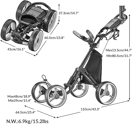 front wheel can be adjust between 11.5 to 12.5 inches to fit any size of golf bag and add the moving stability,  Superlite 4 Wheel Golf Push Cart,