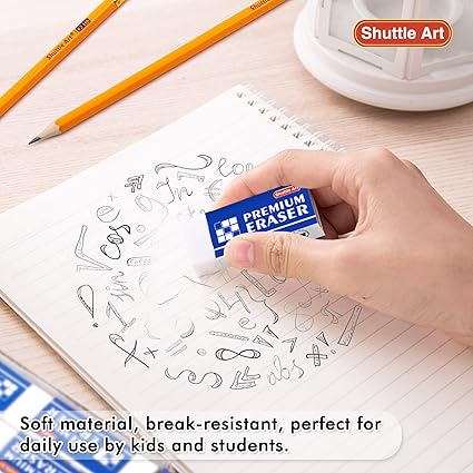 Shuttle Art erasers can erase most types of pencil marks without smudging and soft material will not paper or leave marks behind,  White Erasers Classroom Set for Kids Teachers as School and Office Supplies