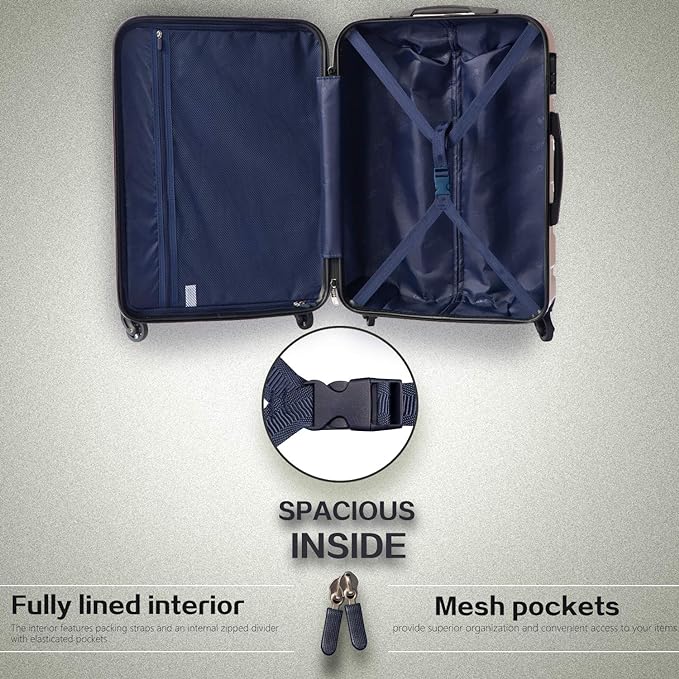 3 piece luggage set 20 inch,24 inch,28 inch upright, can be stored one into another.100% ABS,  Lightweight TSA Lock 4 Piece Set
